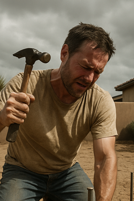 Man holding a hammer in a desert-like setting