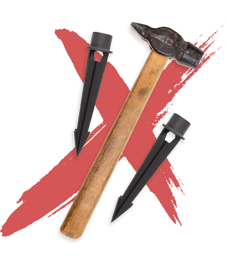 Wooden maul with two metal stakes against a red x and white background